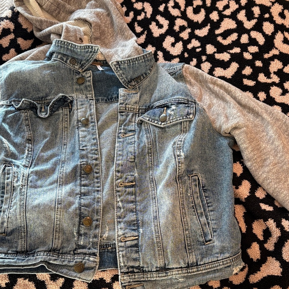 Free People Light Blue Denim Jacket with Gray Hooded Sleeves